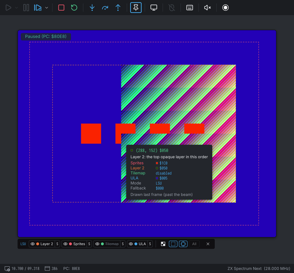 The pixel probe on a sprite below a Copper split: Layer 2 wins because the mode there is LSU
