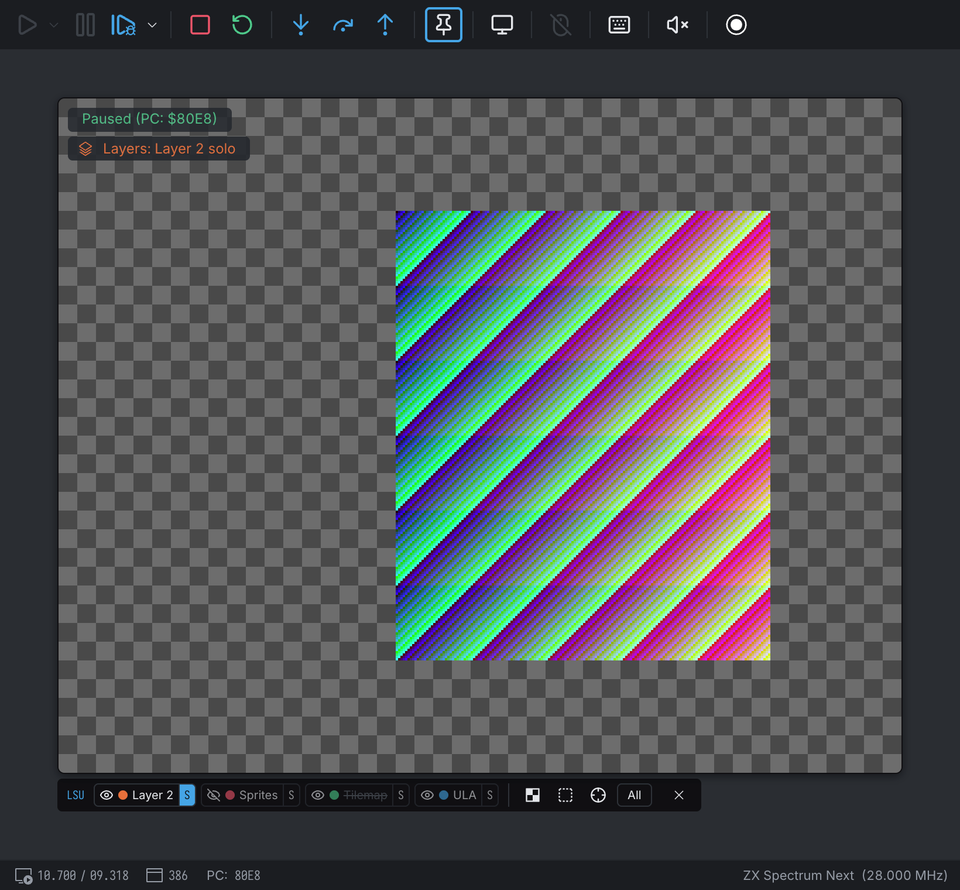 The Layers strip under the screen with Layer 2 soloed: Layer 2 alone over a checkerboard, and the pill that announces it