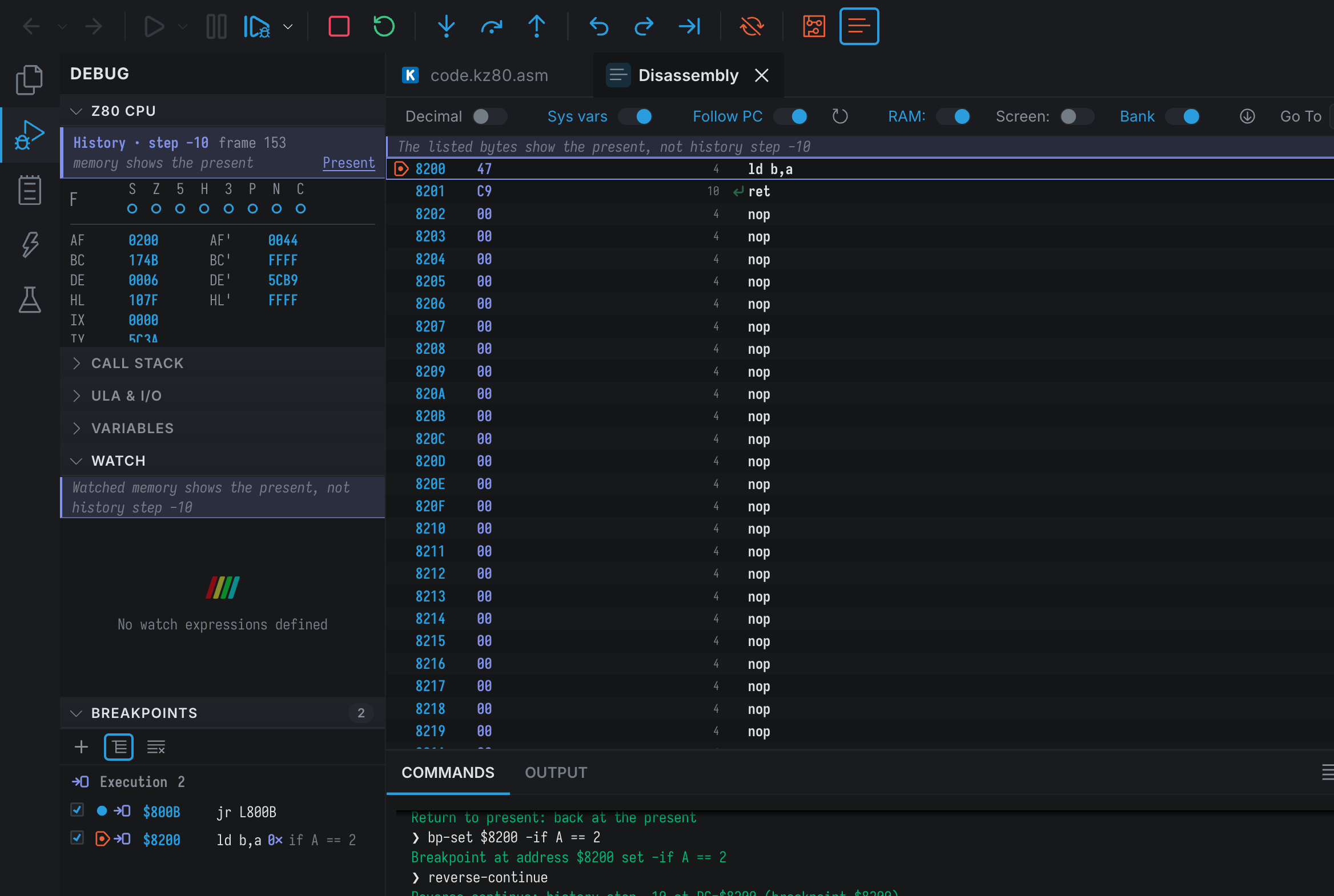 Reverse Continue stopped at $8200 where the condition A == 2 held