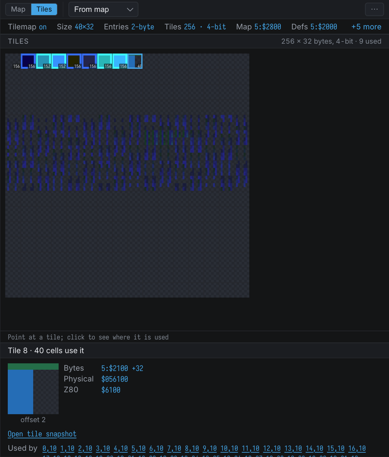 The Tilemap Inspector in a narrow document: the Tiles tab, and the band listing the cells that use tile 8