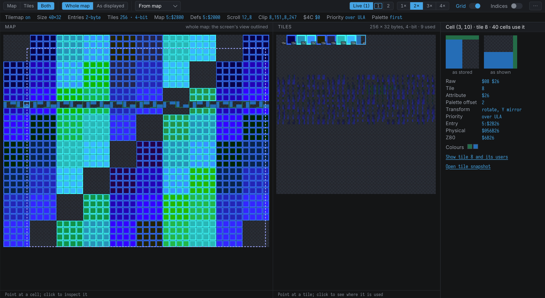 The Tilemap Inspector: the whole map with the screen's view outlined, the tile sheet, and a cell whose tile is rotated and mirrored